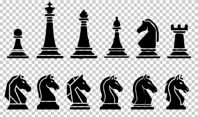 Black chess pieces vector set, classic board game icons collection, knight and king silhouettes for strategy and business competition concepts © TXPHIC