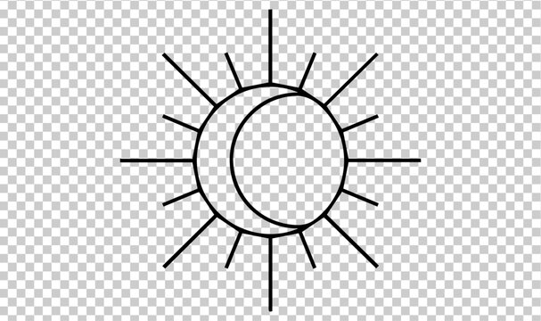 Celestial sun and moon line art icon, mystical solar eclipse vector symbol, bohemian geometric sunburst design for astrology and tarot branding