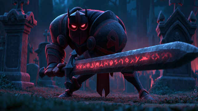 dark fantasy knight with glowing runic sword in haunted cemetery