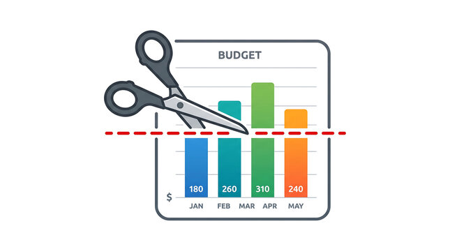 Scissors cutting a budget bar chart graph vector illustration