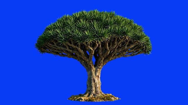 A high-quality 3D rendering of the distinct Socotra dragon blood tree growing from a soil patch, isolated on a solid blue chroma key backdrop. Perfect for outdoor matte painting overlays, landscape de