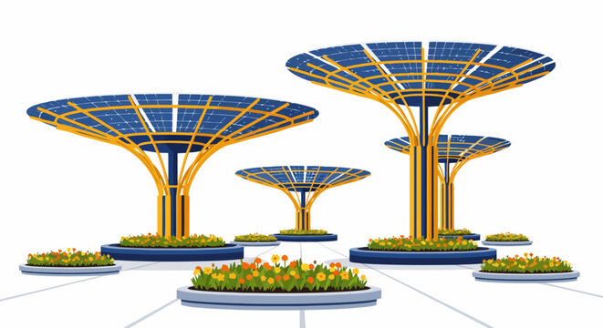 Modern solar panel tree structure for urban clean energy generation
