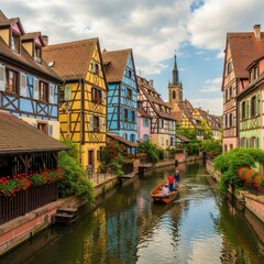 Obraz premium Colorful Half Timbered Houses Along Scenic Canal in Europe.