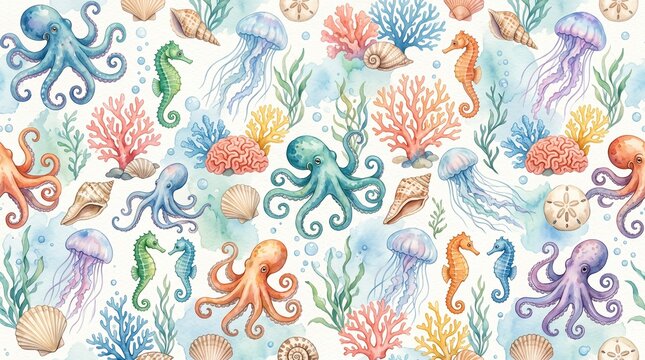 Watercolor Sea Creatures Pattern with Octopus Coral Jellyfish and Starfish in Soft Pastel Colors