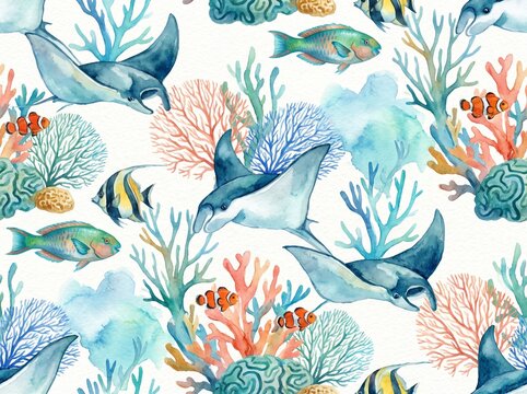 Swimming manta rays and vibrant coral reefs in turquoise underwater scene with artistic watercolor style