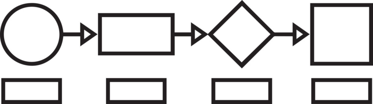 Abstract process infographic with geometric shapes and connection arrows for data flow during planning