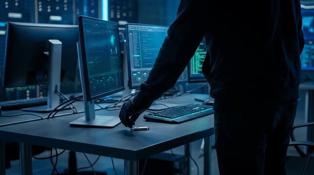 Professional cyber security analyst connecting hardware encryption key in dark server room office