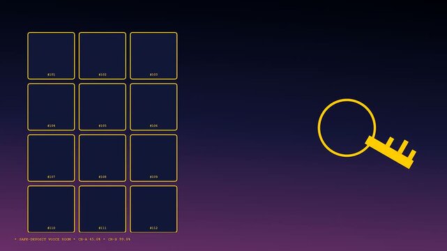 Digital voice banking interface showcasing interactive grid slots with audio waveform pulses and rotating golden skeleton key graphic icons displayed on a dark gradient display screen