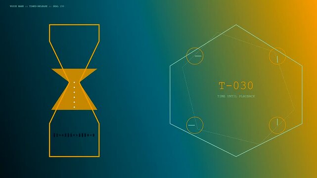 Voice banking interfaces display countdown timers with glowing golden hourglass geometry presented in three stages of progression across a smooth teal to orange gradient screen display