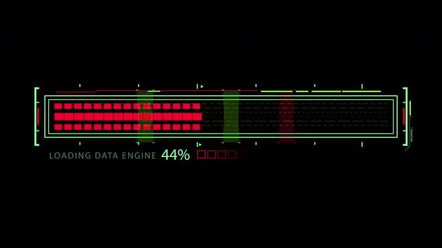 Digital loading bar interface with red progress blocks and data engine animation for technical software projects