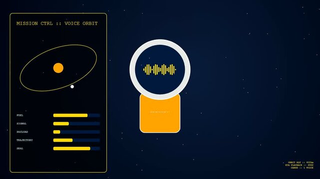 Voice banking display panels show orbital trajectories with sound wave visualizations flickering alongside loading progress bars across three identical interface modules on a deep space aesthetic
