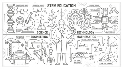 Obraz premium Dynamic STEM Education Infographic Featuring Black and White Illustrations of Science Technology Engineering and Mathematics Concepts