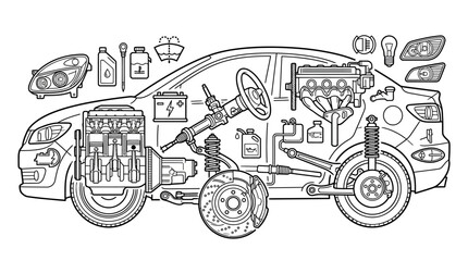 Obraz premium Dynamic Black and White Line Drawing of Car Engine and Components Exploded View with Maintenance Icons