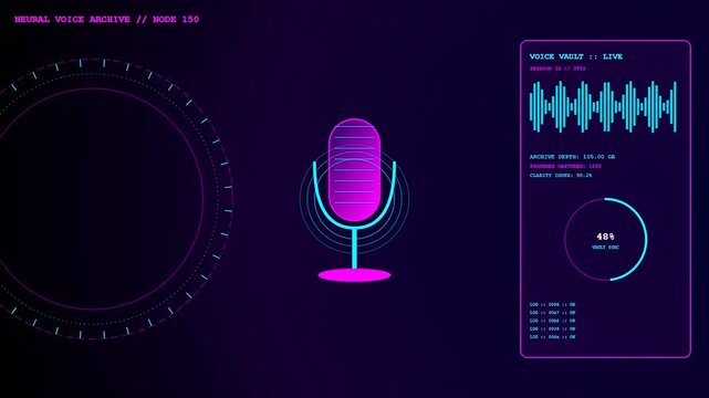 Voice banking displays appear as a digital audio recording interface showing abstract frequency waves within glowing purple and teal circular hud elements on a dark screen