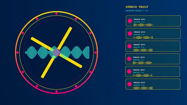 Digital voice banking interface showing sound wave oscillation with spinning yellow lines and circular tracking elements displayed on a dark blue screen for data processing
