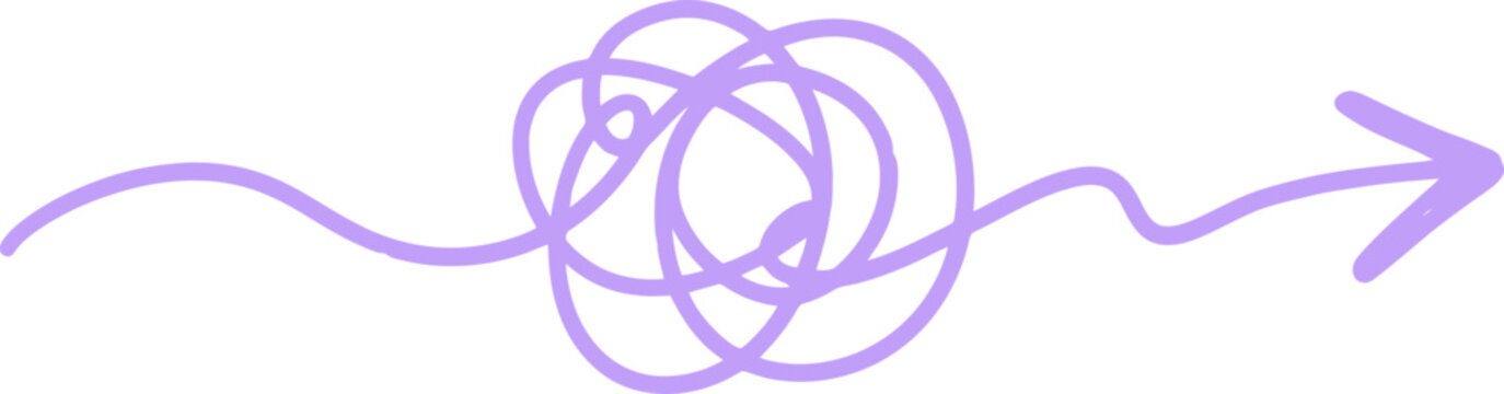 Purple tangled line vector illustration, messy scribble arrow path representing confusion to clarity, hand drawn abstract doodle for problem solving