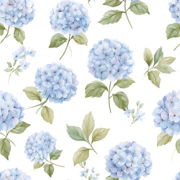Graceful seamless watercolor pattern showcasing delicate blue hydrangea flowers and fresh green leaves, perfect for elegant textile designs or digital backgrounds