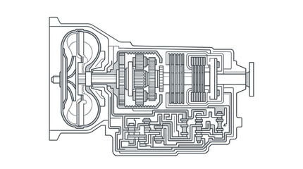 Obraz premium Sleek Black and White Line Drawing of a Detailed Mechanical Gearbox and Circuit Board Assembly with high quality professional line art symbols for modern creative design and digital branding projects