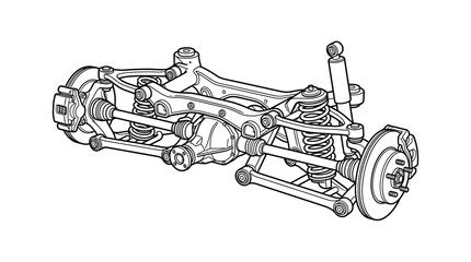 Obraz premium Sleek Black and White Line Drawing of a Vehicle Rear Suspension System with Shock Absorbers Springs and Axle