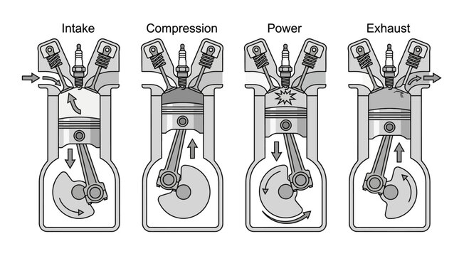 Elegant Four Stroke Engine Cycle Diagram Showing Intake Compression Power and Exhaust Strokes in Monochrome