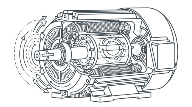 Creative Black and White Line Drawing of Electric Motor Internal Mechanism with Rotational Arrows