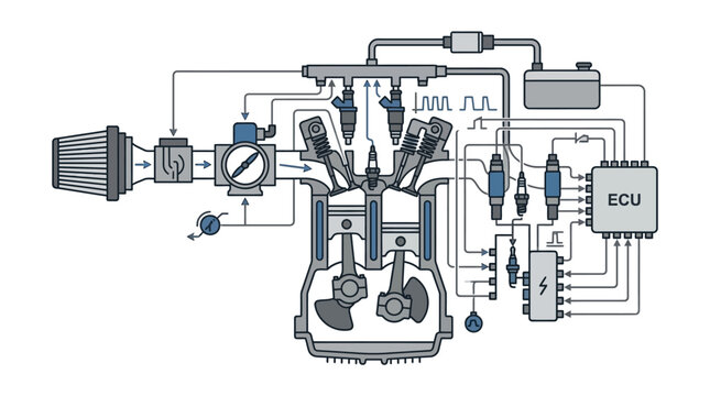 Industrial Diagram of an Engine Control Unit with Fuel Injection System ECU and Sensor Network in Blue and Gray