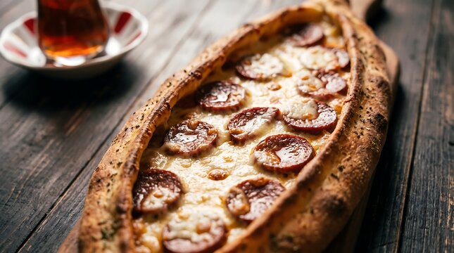 Traditional boat shaped Turkish pide flatbread topped with melted cheese and sliced sausage.