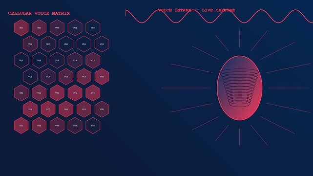 Digital voice banking interface showing hexagonal patterns with pulsating light waves inside an oval monitor screen design for futuristic software analysis of biometric acoustic speech patterns