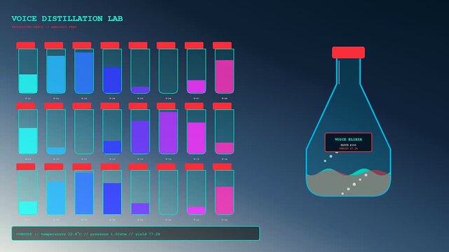 A sequence of digital voice banking displays featuring colorful liquid levels inside glass beakers and scientific charts visualizing data processing flows within a modern research lab environment