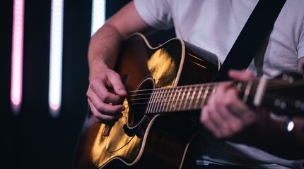 Fototapeta premium A man plays an acoustic guitar in a dimly lit room with neon lights