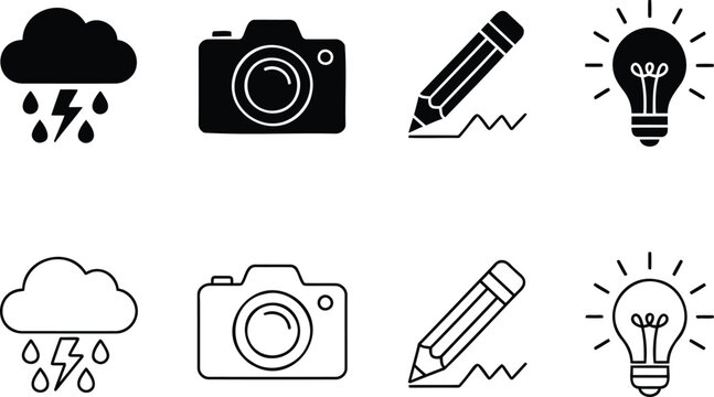 Set of simple vector icons showing weather camera drawing and light bulb concepts for web interface