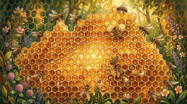 Busy bees working on a golden honeycomb filled with nectar and pollen amidst lush green foliage in soft sunlight