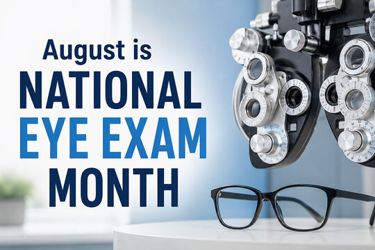 Optometrist phoropter and eyeglasses for August is National Eye Exam Month.
