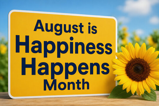August is Happiness Happens Month yellow sign with a sunflower in a garden.