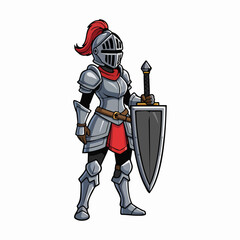Fototapeta premium Medieval knight in silver plate armor, full body shot standing with large shield, digital cartoon illustration, flat studio lighting, white background.