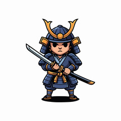 Obraz premium Chibi Samurai Warrior Full Body Shot Holding Katana Sword for Gaming Mascot Vector Illustration Flat Lighting on Isolated White Background
