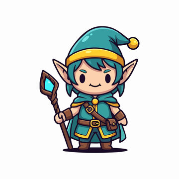Cute chibi elf mage full body posing for adventure, vector cartoon illustration, soft even lighting, isolated on white background.