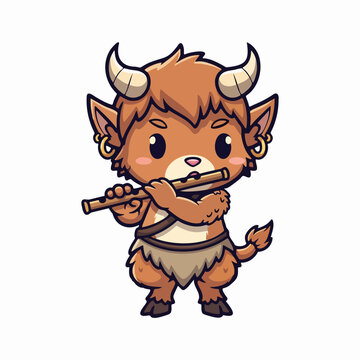 Cute chibi satyr character full body shot playing a wooden flute kawaii vector illustration with bright soft lighting on a clean white background.