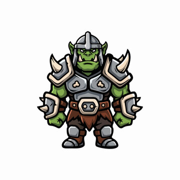 Green orc warrior in spiked armor front view full body shot character design cartoon vector illustration with even lighting on white background.