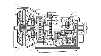 Obraz premium Modern Black and White Line Drawing Diagram of an Automobile Engine Transmission System with Fluid Flow Arrows