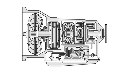 Obraz premium Modern Black and White Line Drawing of a Detailed Mechanical Gear Transmission System Diagram with high quality professional line art symbols for modern creative design and digital branding projects