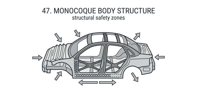 Elegant Monocoque Car Body Structure Diagram Highlighting Key Structural Safety Zones in Grayscale