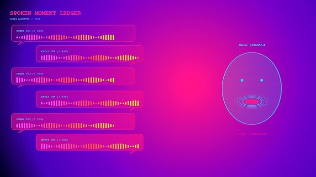 Voice banking display shows a glowing digital face interface with animated audio waveforms and flowing data streams in a vibrant purple and magenta studio environment