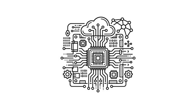Industrial Black and White Circuit Board with CPU Cloud and Network Nodes for Tech and Digital Design
