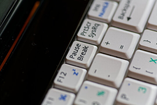 White Computer Keyboard with Function Keys: Macro Detail of Pause, Print Screen, F12, and Math Operators