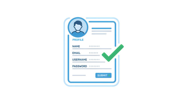 User profile registration form with green checkmark approval