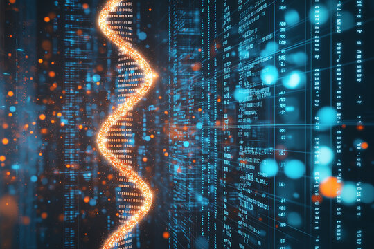 Abstract Digital DNA Strand with Glowing Data Code Background.