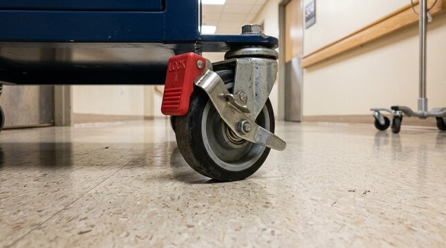 Medication Cart Wheel Lock Engaged Against a Hallway Floor | Hospital Medication Cart and Nursing Workflow Stock Photo