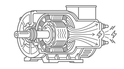 Obraz premium Creative Black and White Line Drawing of an Electric Motor Internal Mechanism with Rotor Stator and Wiring Diagram