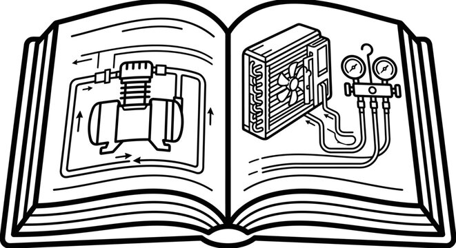 Sleek Black and White of Open Book Showing Refrigeration Cycle Diagram and HVAC System Components